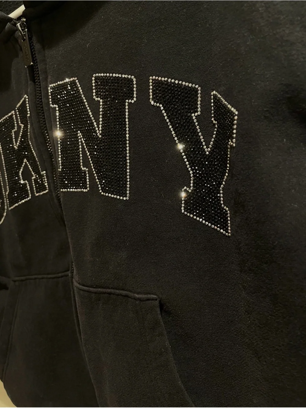 DKNY Sport Women's Black Full Zip Hoodie Logo Rhinestone Fleece M - Picture 4 of 5